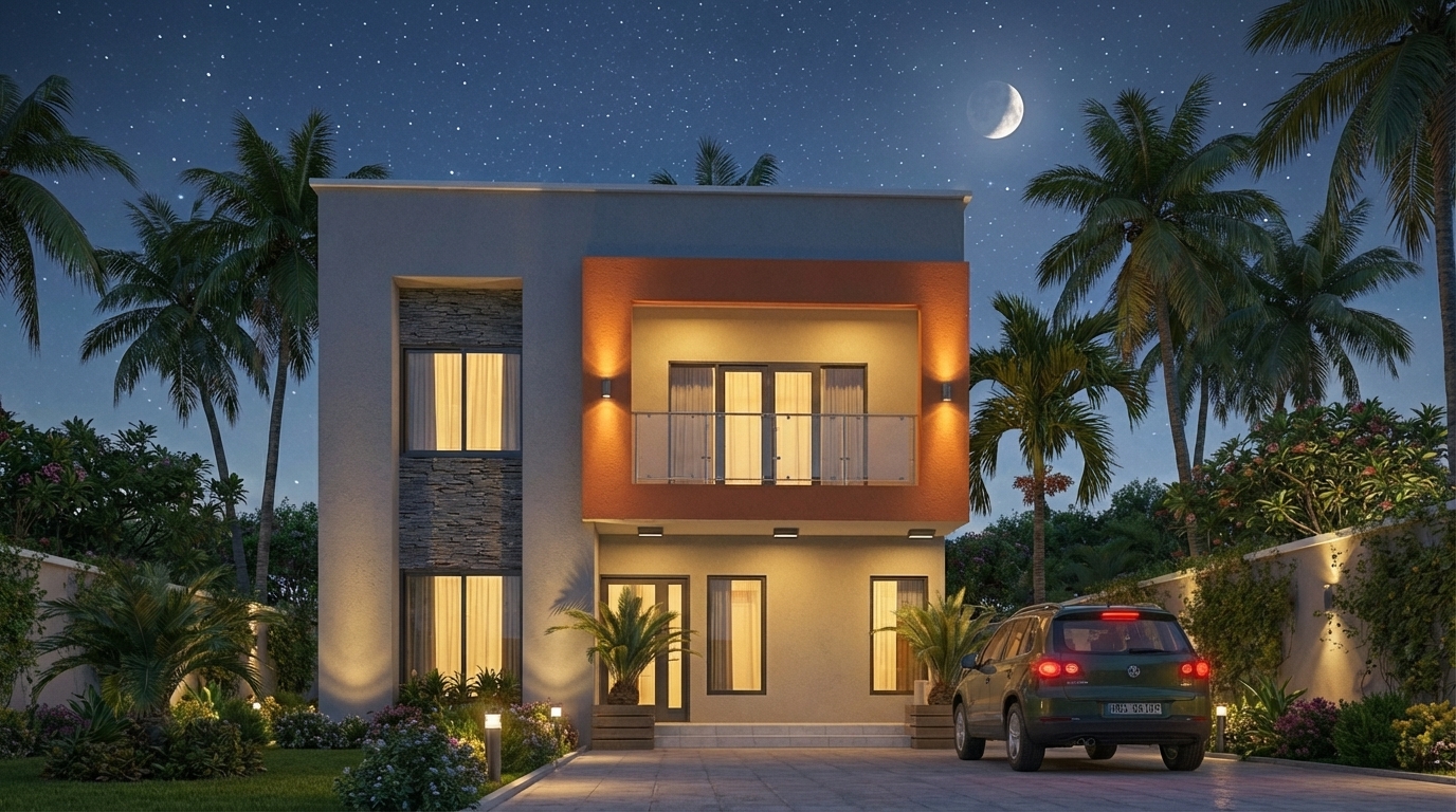 Vue de nuit façade avant éclairée - Duplex D4-034